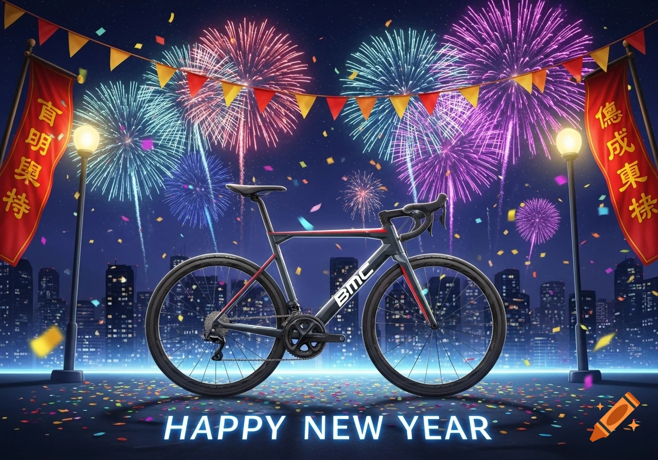A black and red road bicycle with 'BMC' logo, illuminated by colorful fireworks, streetlights, and confetti at night. 'HAPPY NEW YEAR' text.