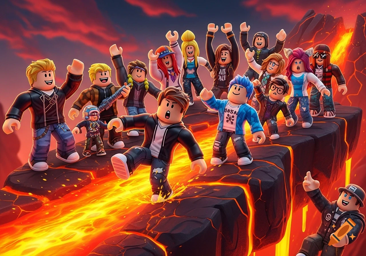 Many stylized Roblox characters navigate a treacherous volcanic obstacle course with molten lava flowing around them, under a dramatic red sky.