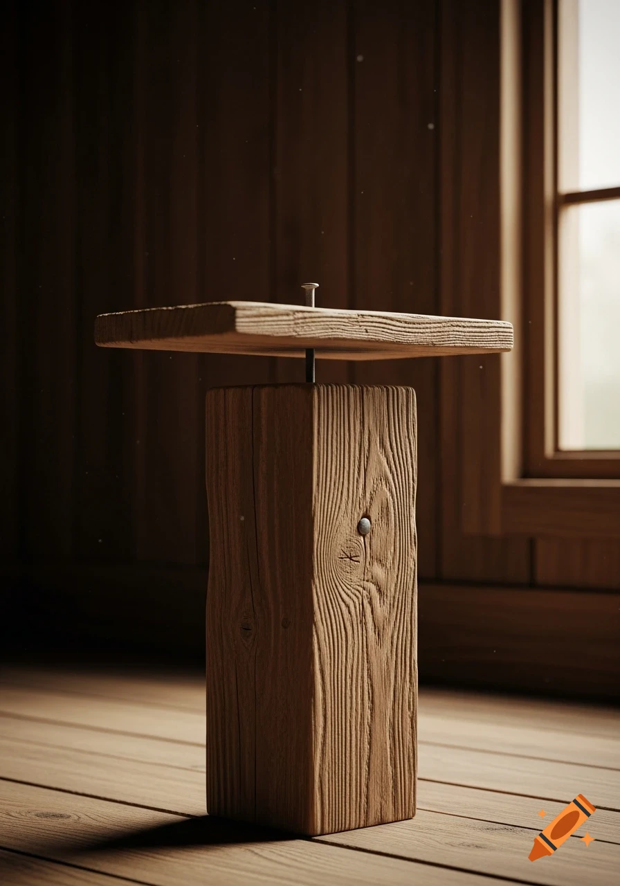 Photorealistic image of a vertical wooden beam with a nail on top supporting a small wooden shelf in a rustic room.