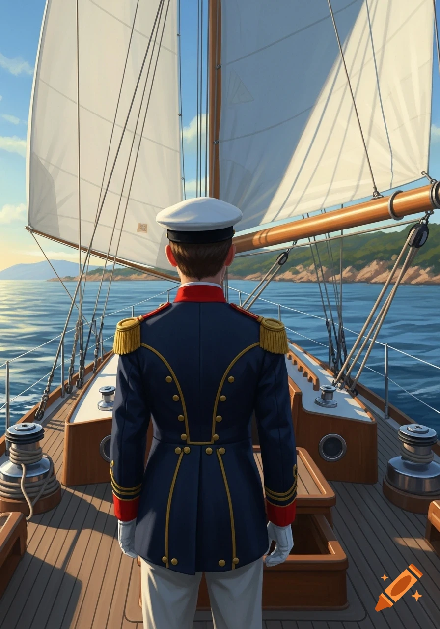 A person in a blue and gold naval uniform stands on a sailboat deck, looking out at the calm sea and distant coastline.