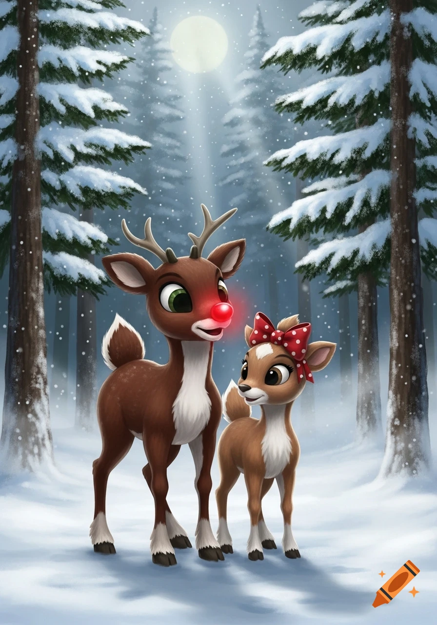 Cartoon illustration of Rudolph the red-nosed reindeer with a glowing nose and Clarice with a red polka-dot bow, standing in a snowy pine forest.
