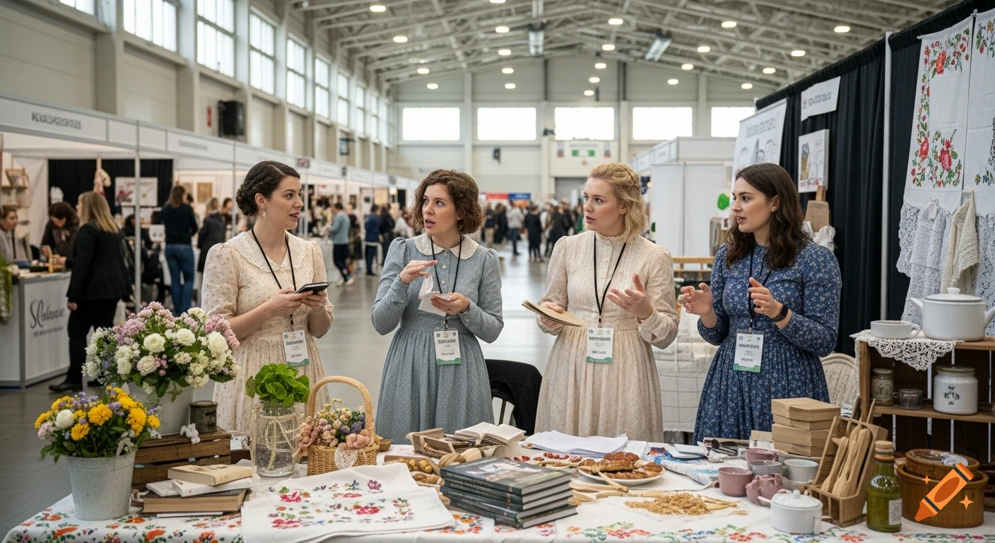 Four women in vintage dresses at a craft market booth with handmade goods and flowers, talking to each other.
