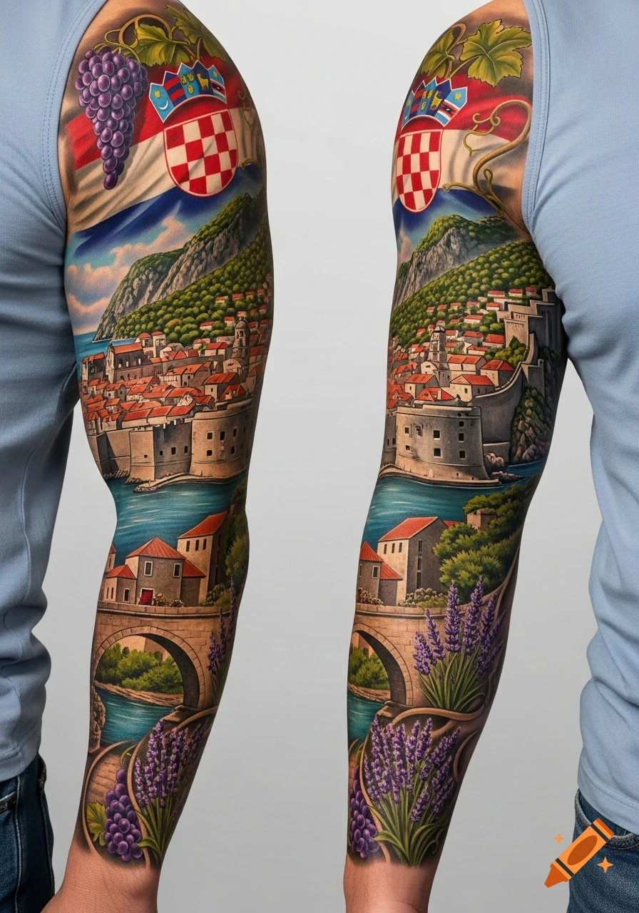 Colorful tattoo sleeve featuring the Croatian flag, a coastal city with red roofs, mountains, a bridge over water, grapes, and lavender.