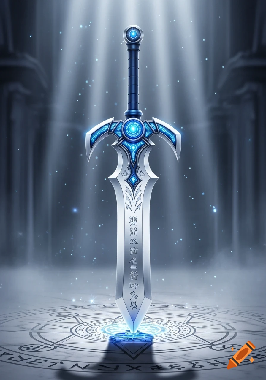 A glowing blue and silver fantasy sword stands upright on a runic platform in a dark, mystical temple with light rays and particles.