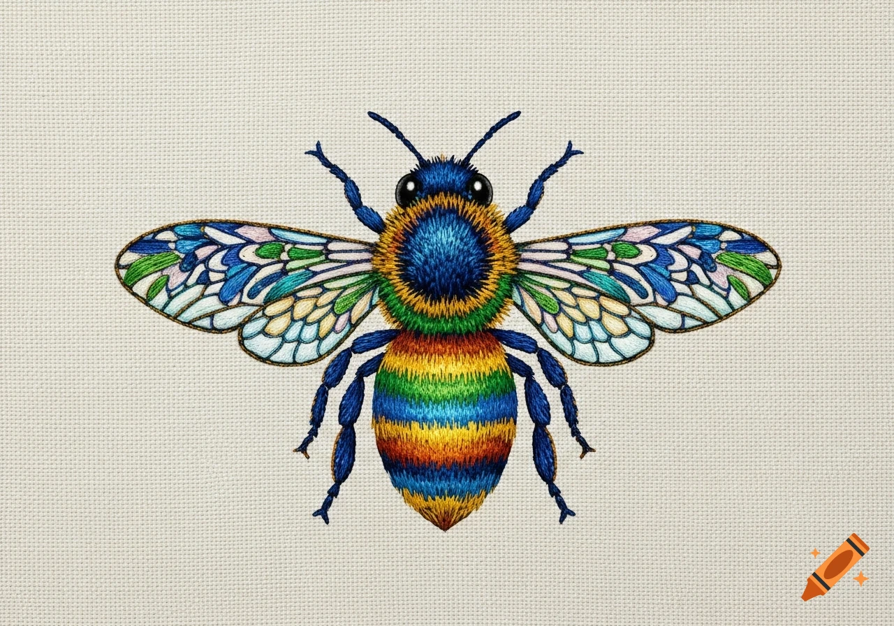 A brightly colored, stylized bee with a striped body and patterned wings, appearing as a detailed embroidery on a light fabric background.