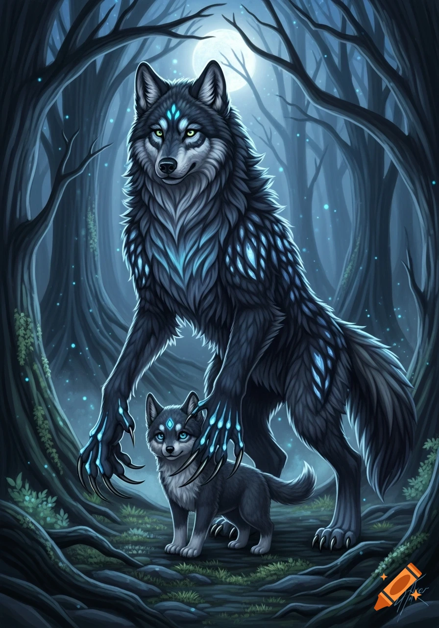 A stylized illustration of a large, dark anthropomorphic wolf with glowing blue markings and sharp claws standing next to a smaller wolf pup, both with glowing blue foreheads, in a mystical, moonlit dark forest.