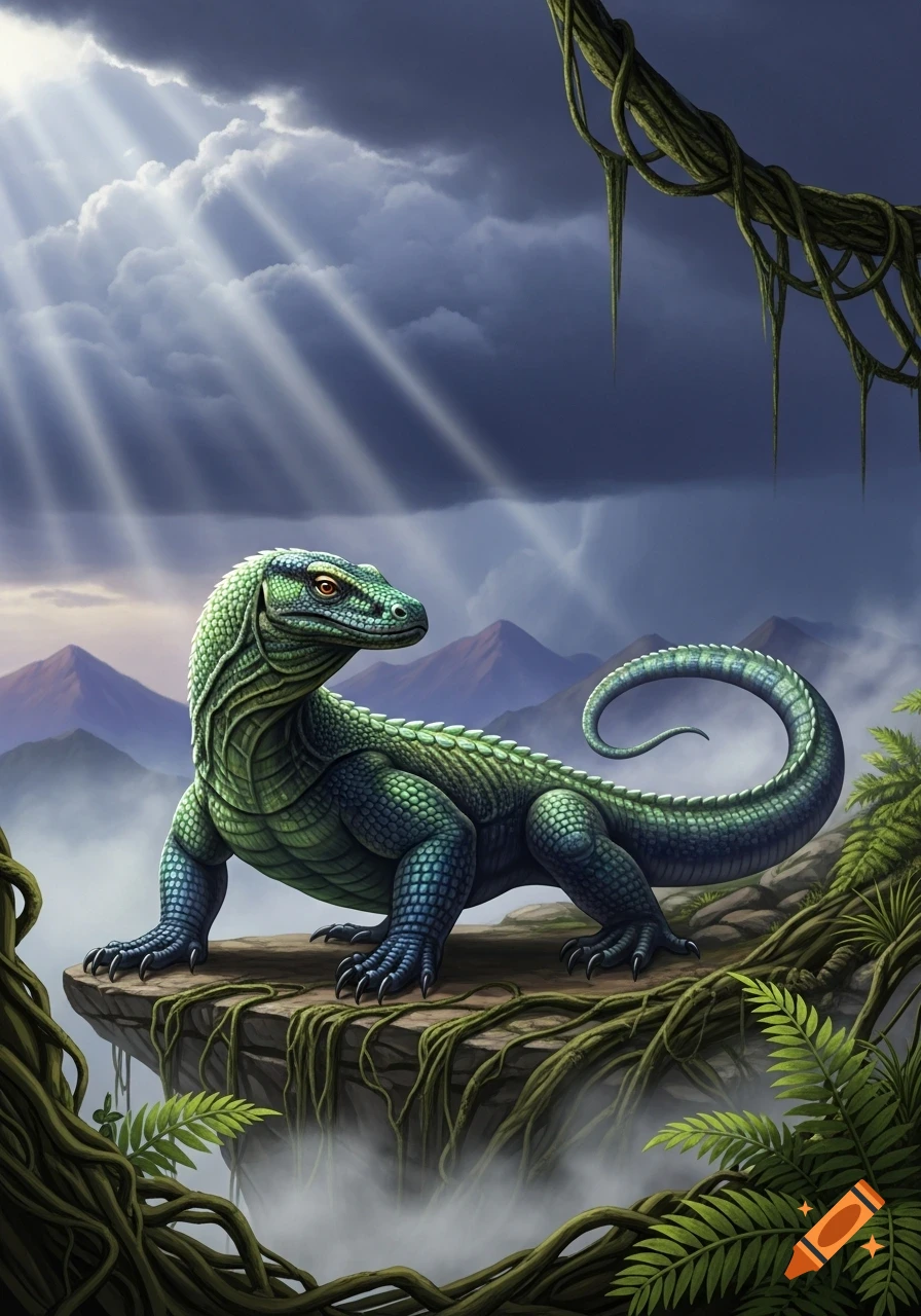 A detailed green and blue reptilian creature stands on a rocky cliff, overlooking a misty valley with mountains under dramatic cloudy skies with sun rays.