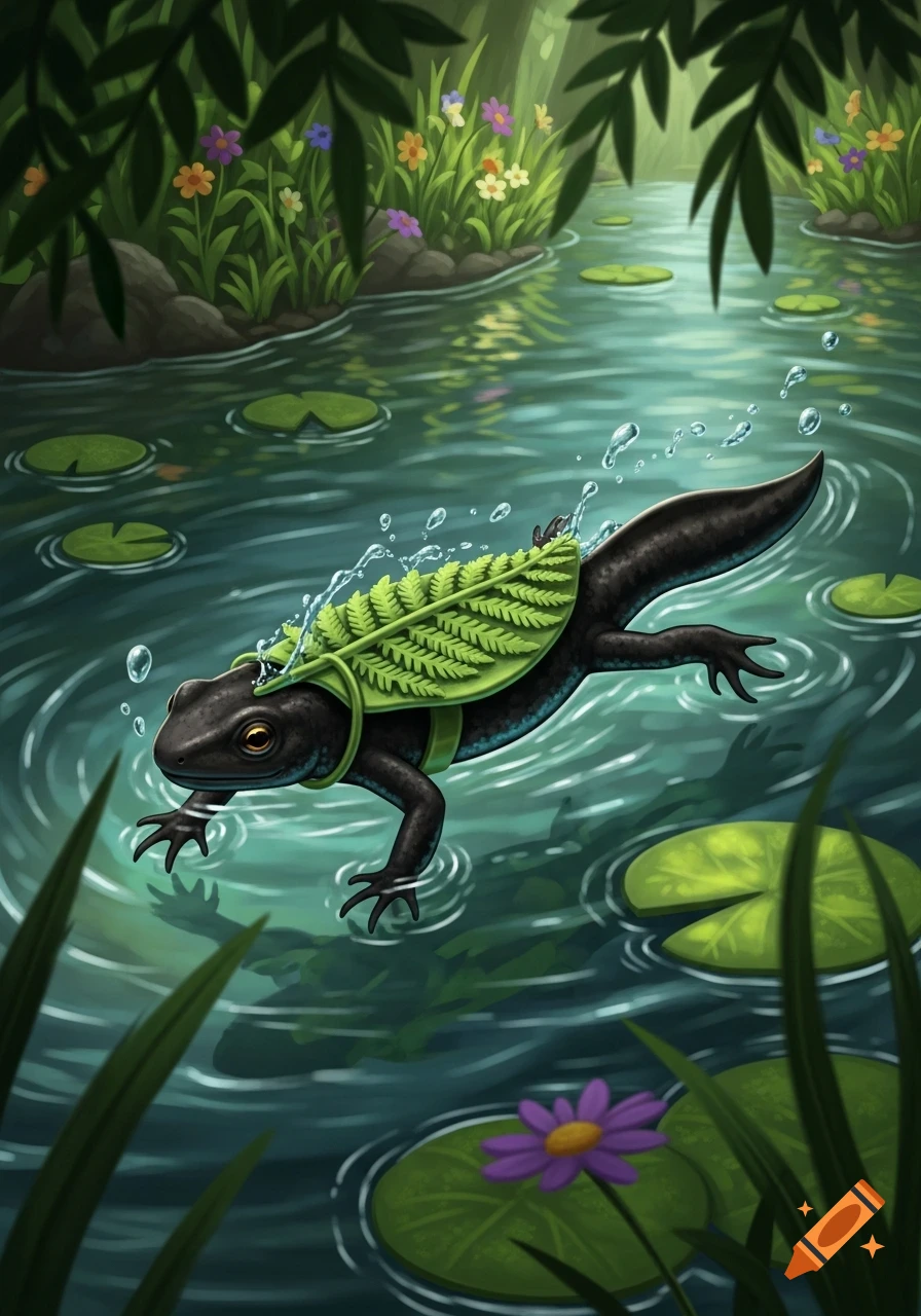 An illustrated black newt swims through a pond with a green fern leaf strapped to its back, surrounded by lily pads and flowers.