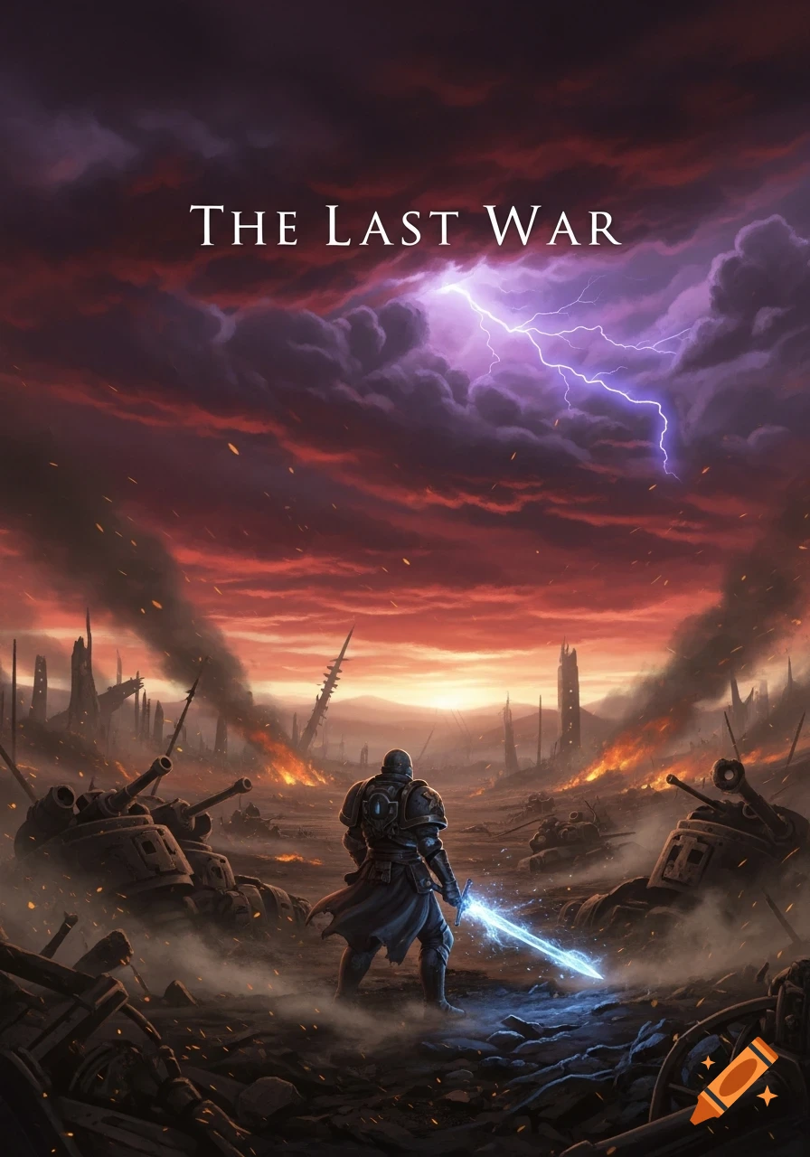 A lone warrior with a glowing blue sword stands in a burning, ruined landscape under a stormy, lightning-filled red sky. Text reads "THE LAST WAR".
