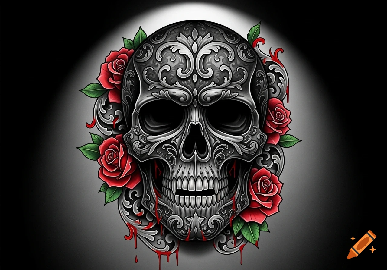 Ornate gray skull decorated with red roses and green leaves, with stylized red drips, against a dark background in a tattoo art style.