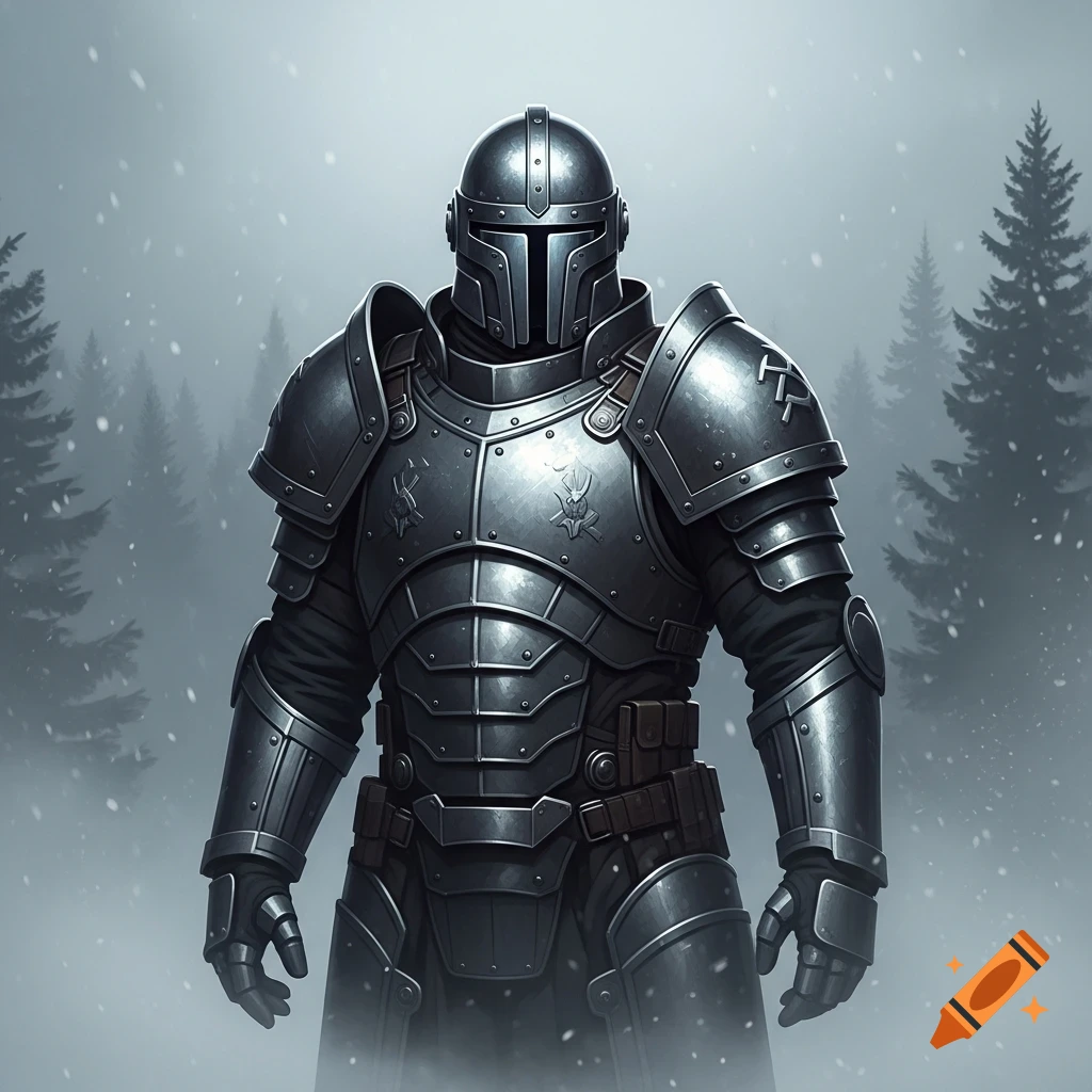 Full body shot of a knight in detailed metallic armor standing in a snowy forest.