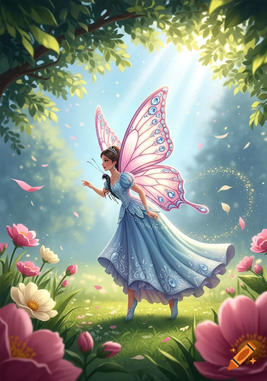 An elegant fairy with pink butterfly wings and a blue gown stands in a sunlit, flower-filled garden. Illustration.