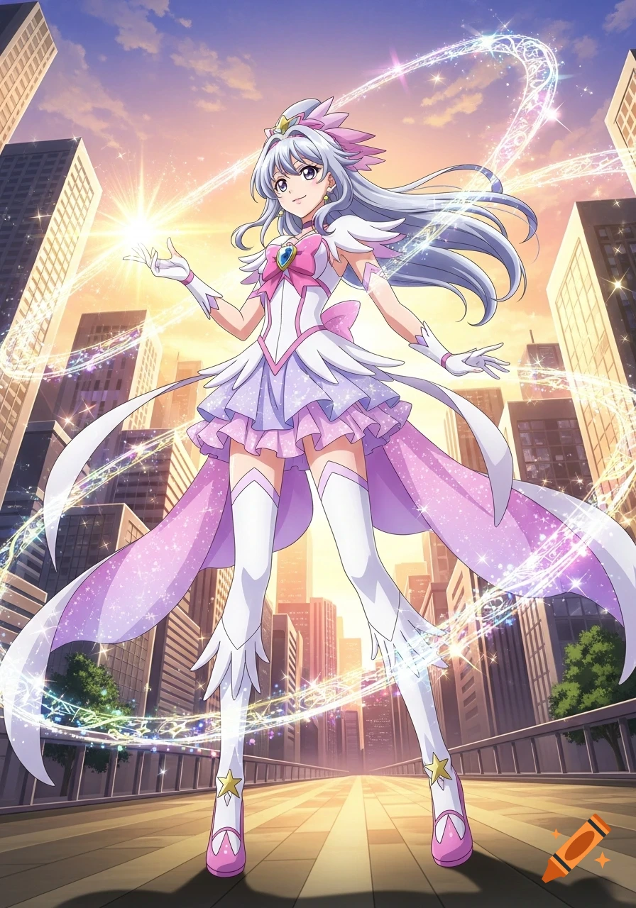 An anime magical girl with long silver hair, wearing a white and pink frilly dress, stands in a city at sunset, generating sparkling magic.