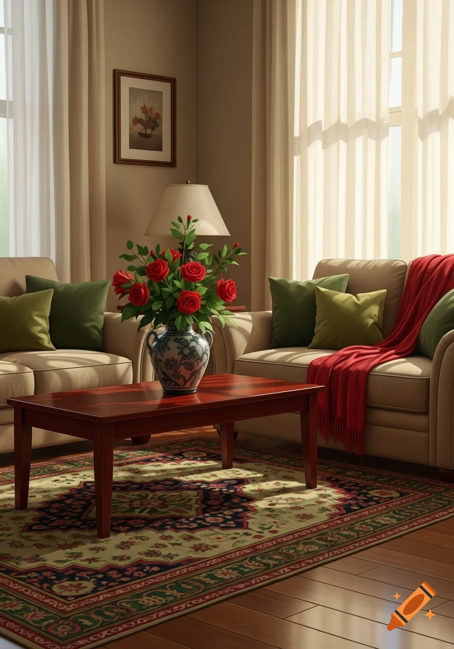 Photorealistic image of a cozy living room with beige sofas, green pillows, a red blanket, a coffee table with red roses, and a patterned rug.