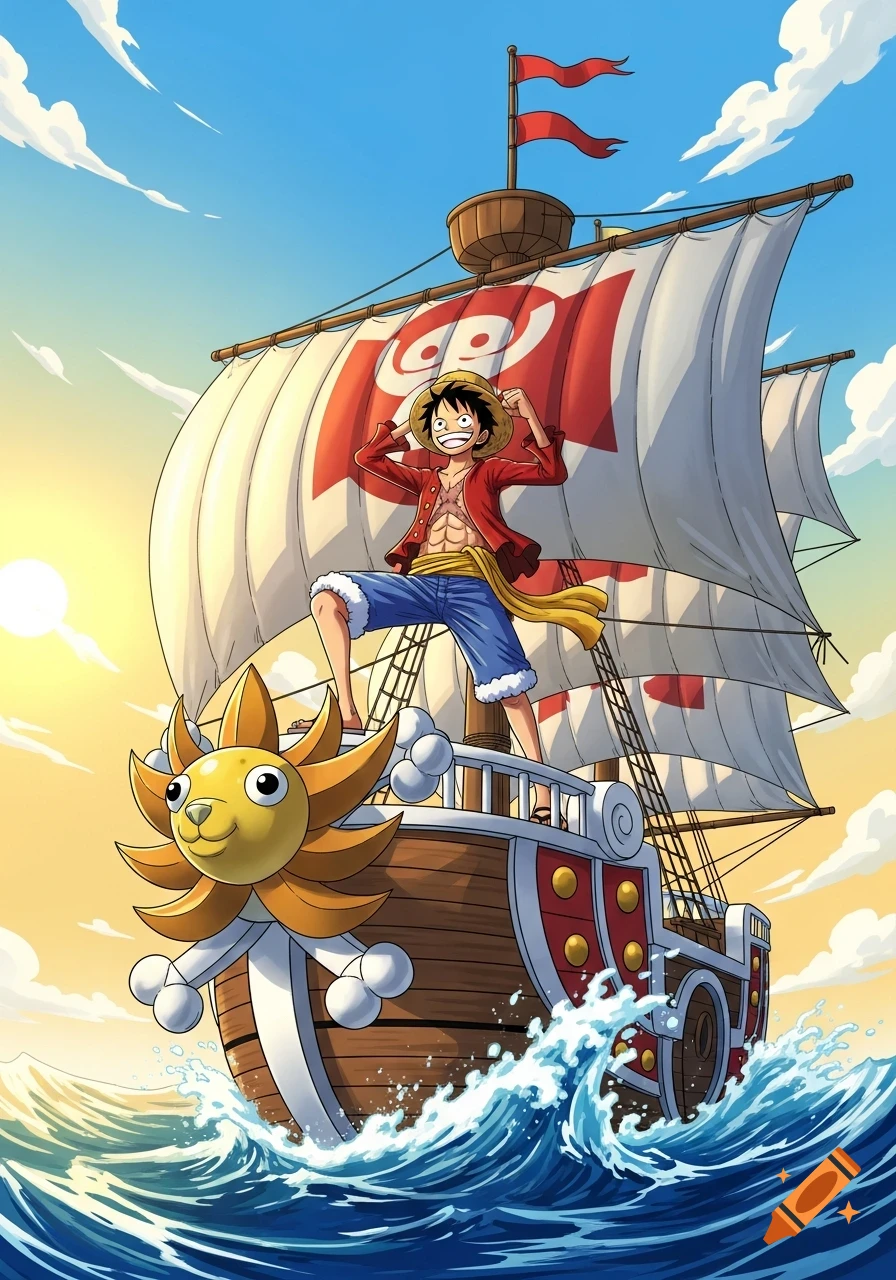 Monkey D. Luffy stands heroically on the Thousand Sunny ship, sailing on a blue ocean under a bright sky, in an anime style.