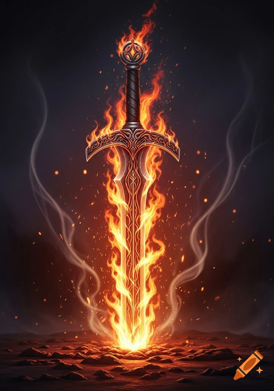 An ornate sword engulfed in vibrant orange and yellow flames, standing upright on dark, rocky ground with embers and smoke.
