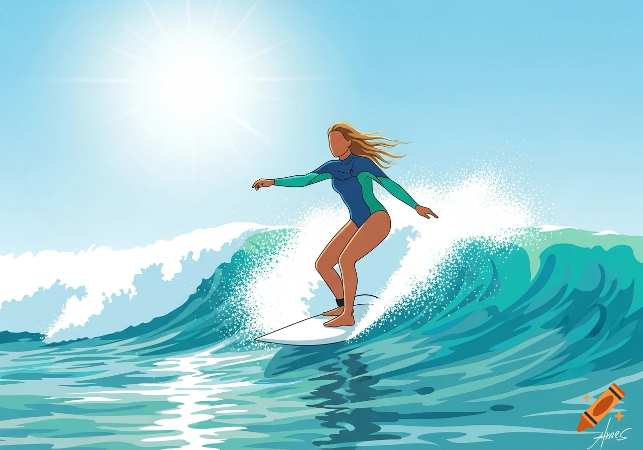 Stylized illustration of a female surfer in a blue and green wetsuit riding a large blue ocean wave under a bright sun.
