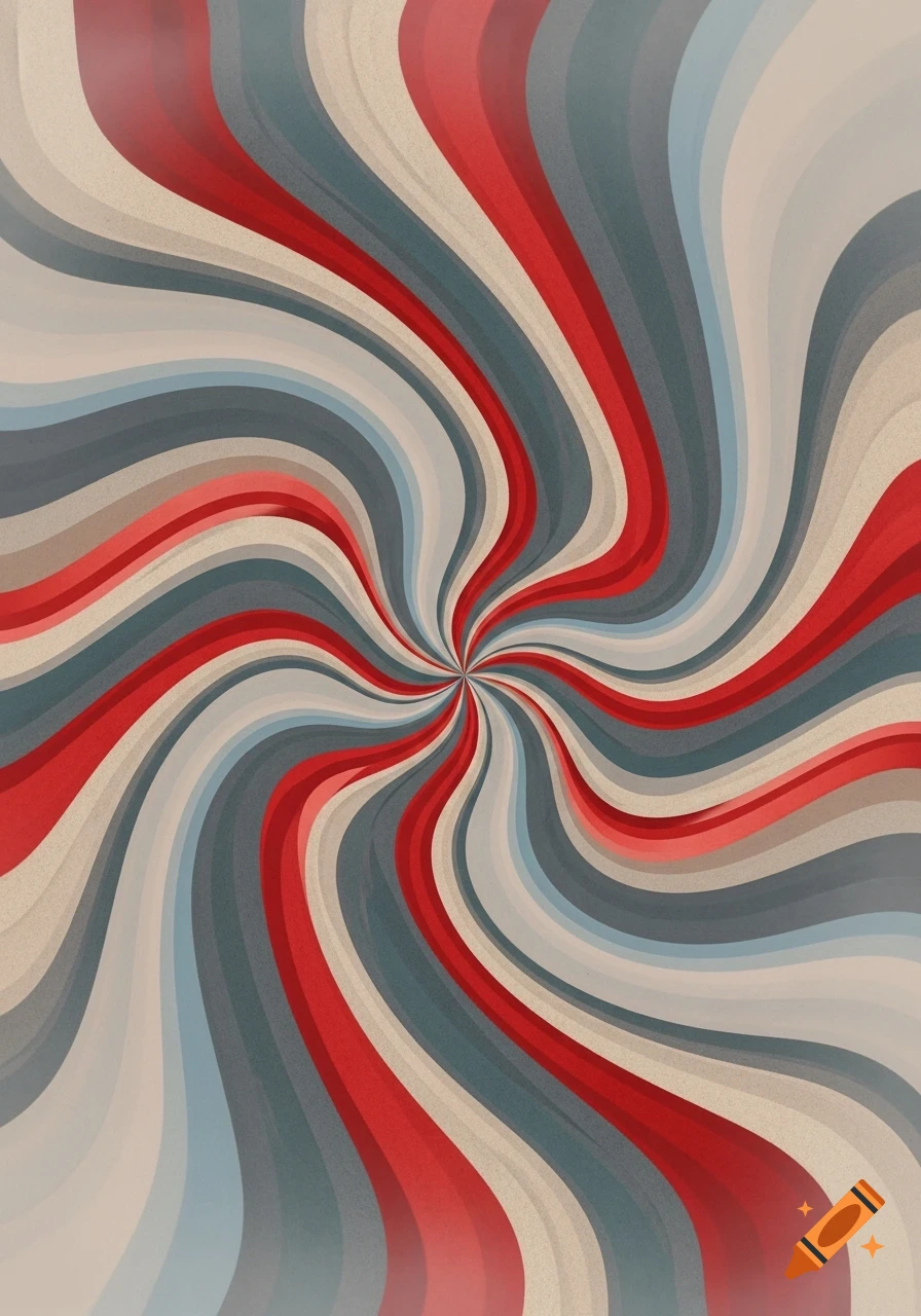 Abstract graphic of red, grey, blue, and beige swirling lines radiating from a central point with a subtle texture.