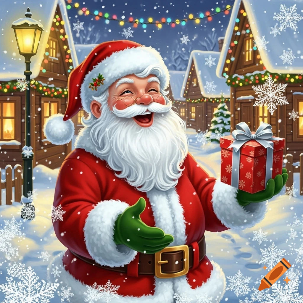 Jolly Santa Claus laughing, holding a red gift in a snowy village scene with festive lights and falling snowflakes.