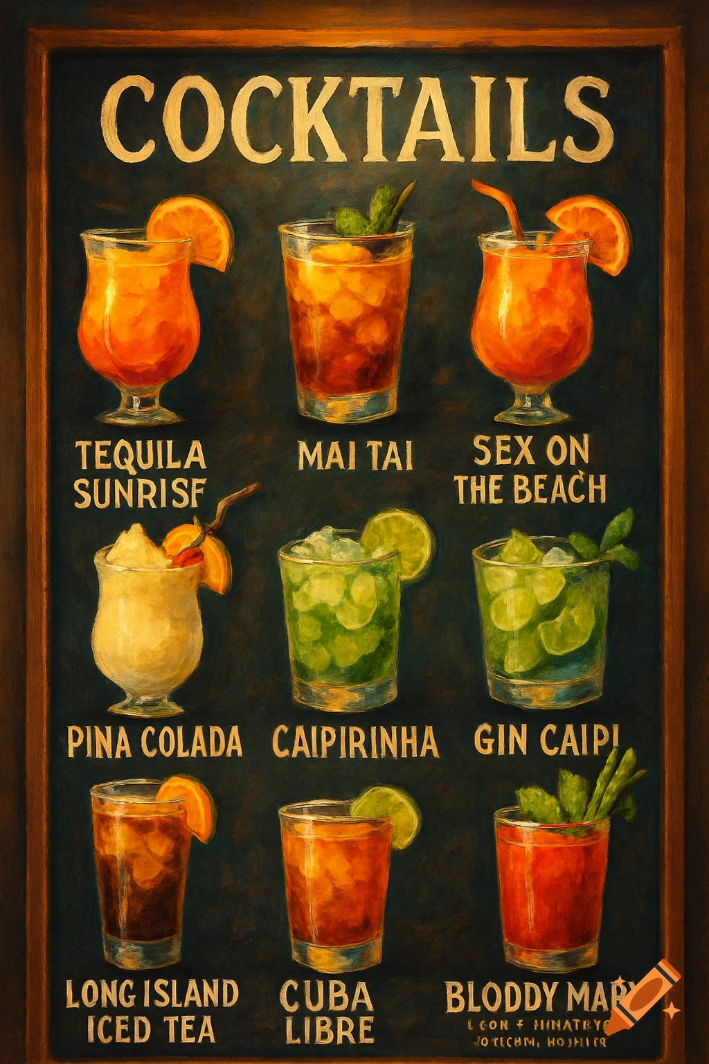 A chalkboard menu displaying nine different cocktails in a painted style, each with its name below it.