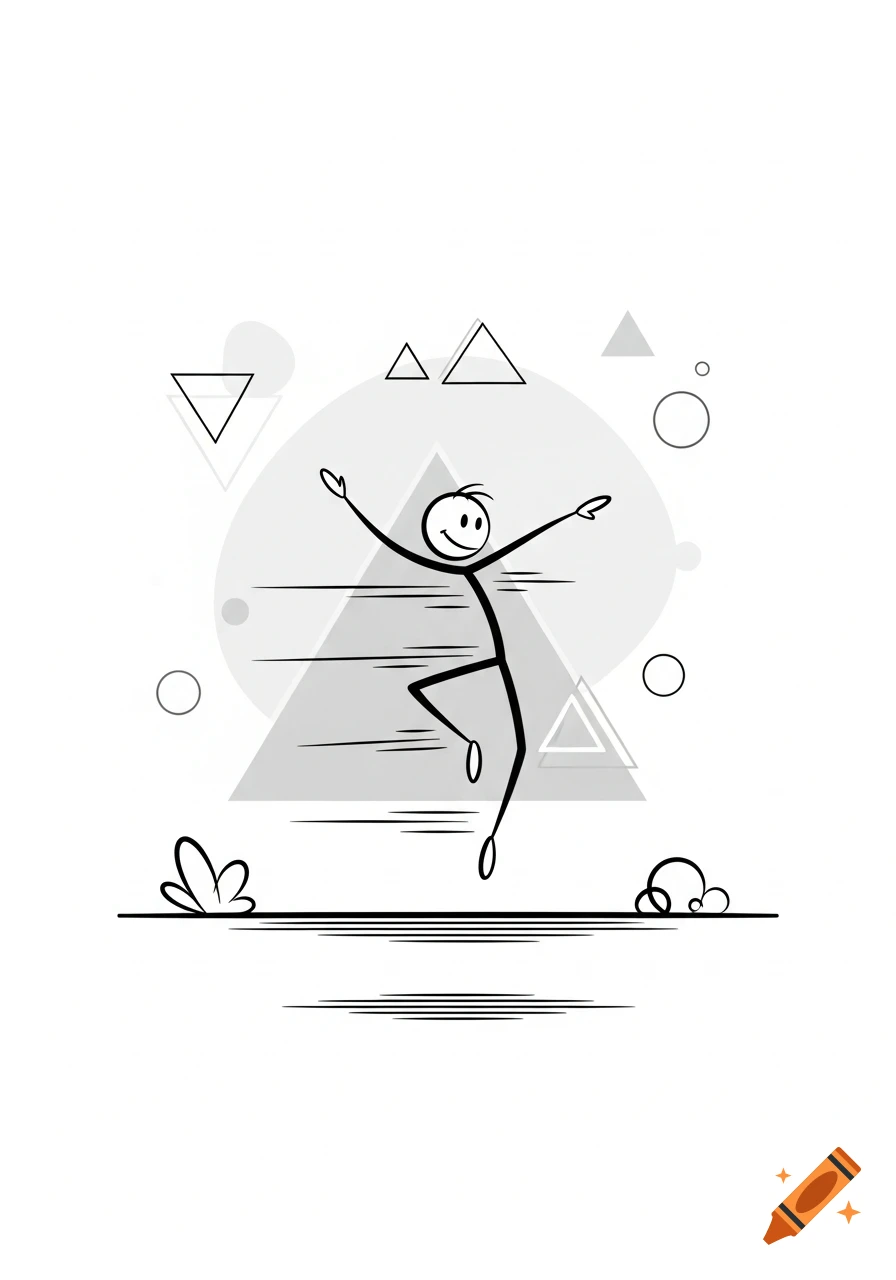 A black stick figure with a smiling face jumps happily, with arms outstretched and one leg bent, surrounded by abstract gray geometric shapes on a white background.