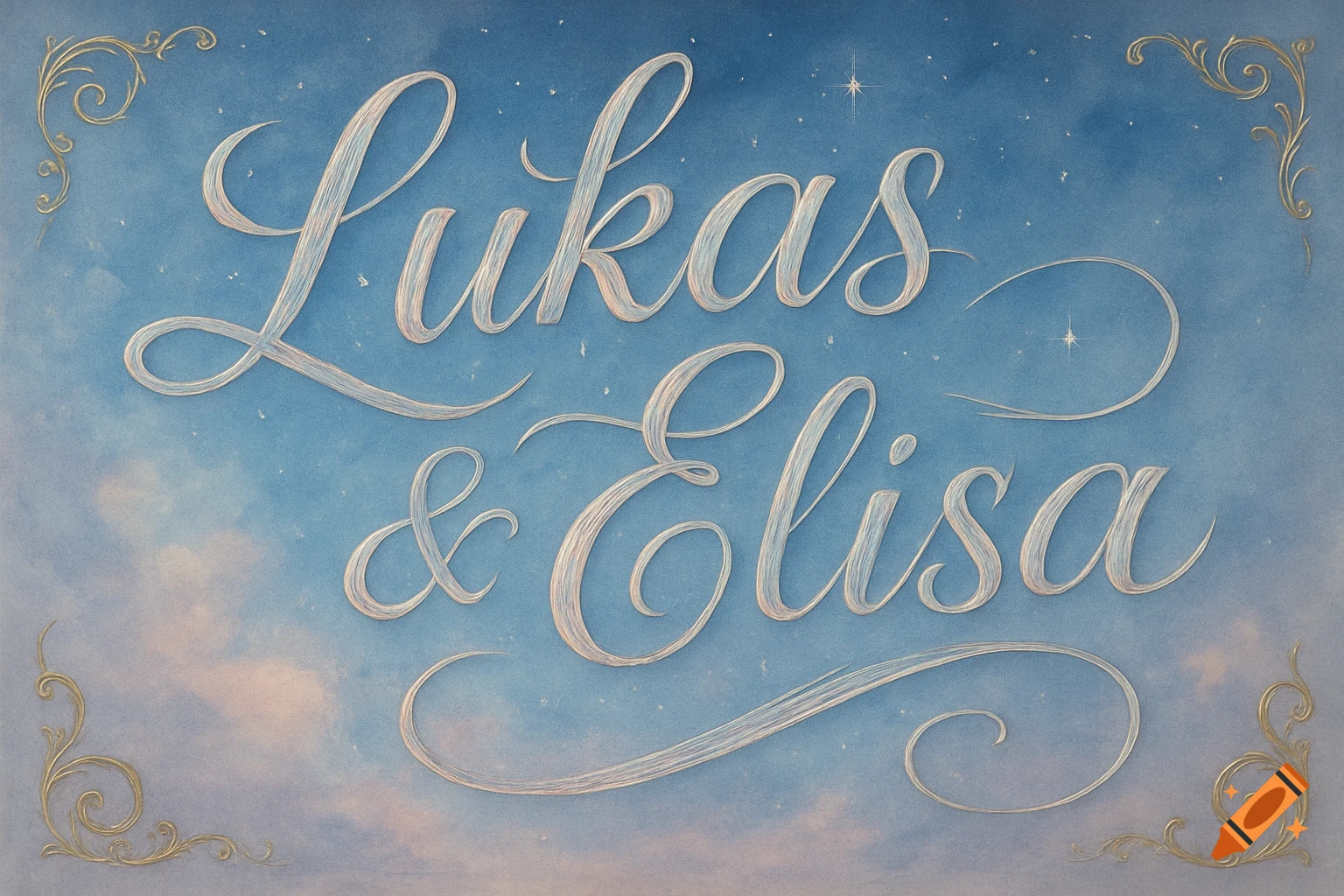 Elegant white calligraphy of 'Lukas & Elisa' on a dreamy blue sky with clouds and stars, framed by golden corner accents.