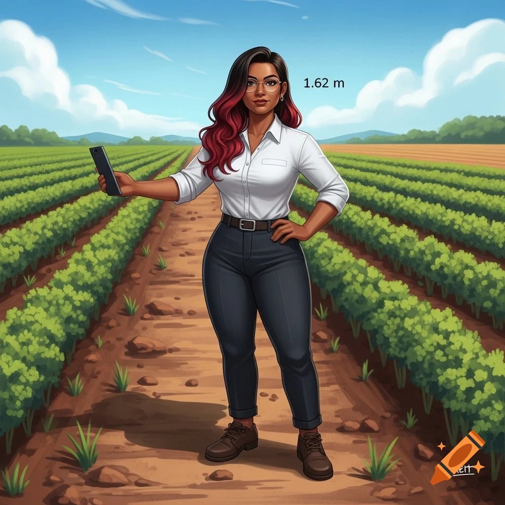 Illustrated woman, an agricultural engineer, stands in a farm field holding a tablet.