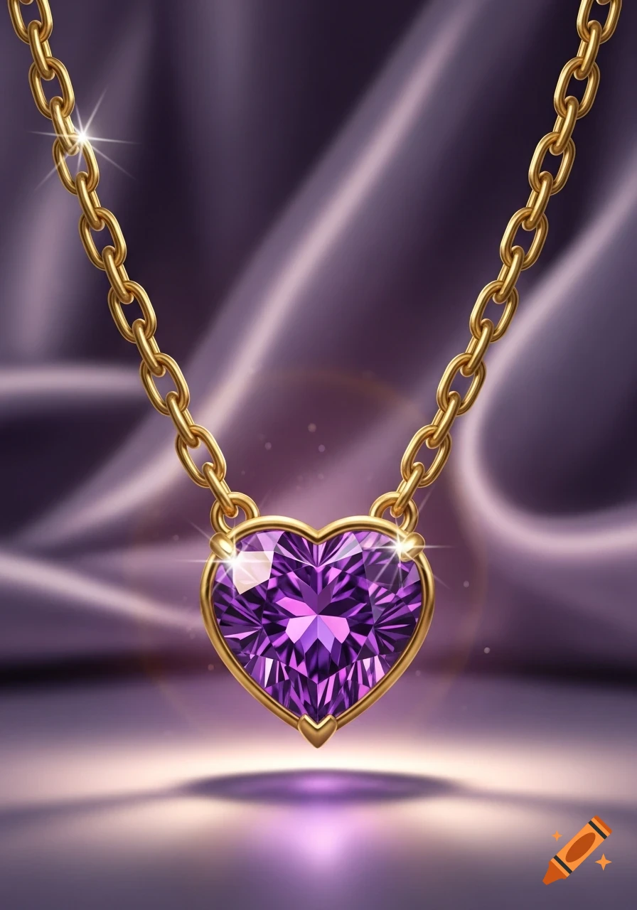 A gold chain necklace features a sparkling, faceted purple heart-shaped gemstone pendant, set against a draped purple fabric background.