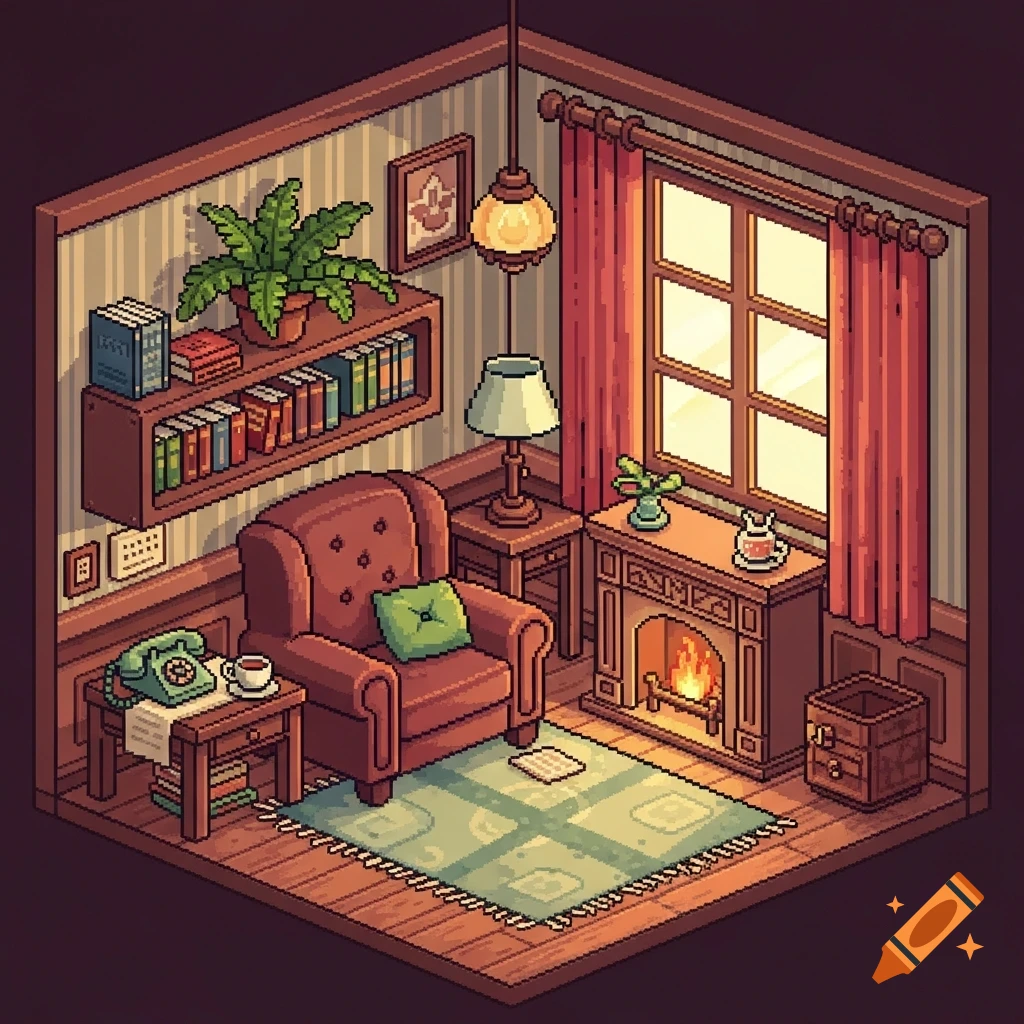 A cozy pixel art room with a red armchair, bookshelf, fireplace, and a large window.