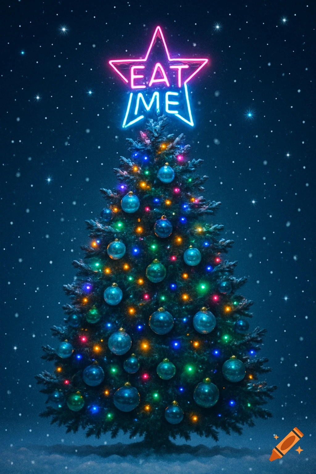 A festive Christmas tree with colorful lights and ornaments, topped with a glowing neon star that reads 'EAT ME' against a starry night sky.