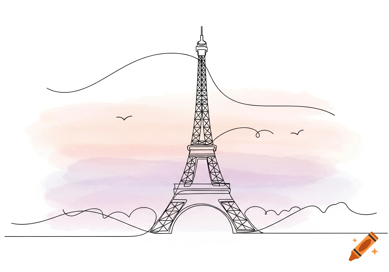 A minimalist line drawing of the Eiffel Tower against a soft pastel watercolor background with small birds and clouds.