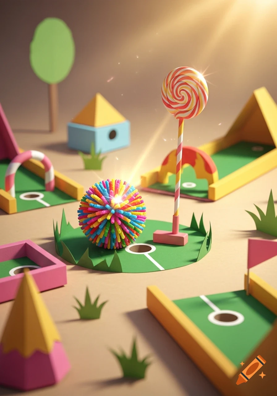 A colorful, paper-crafted miniature golf course with a pom-pom ball, a lollipop club, and whimsical cut-out scenery.