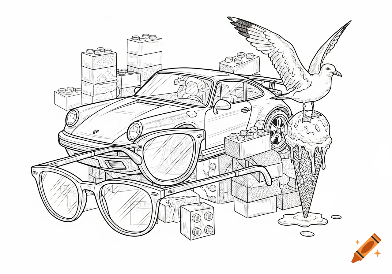 Black and white line art collage featuring a Porsche car, Lego bricks, a pair of eyeglasses, and a seagull standing on a melting ice cream cone.