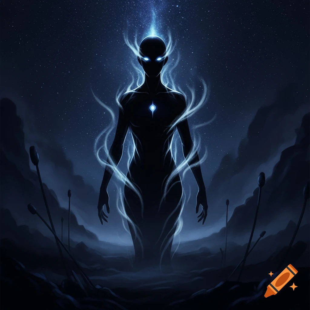 A dark, ethereal humanoid figure with glowing blue eyes and tendrils stands in a misty landscape under a starry night.