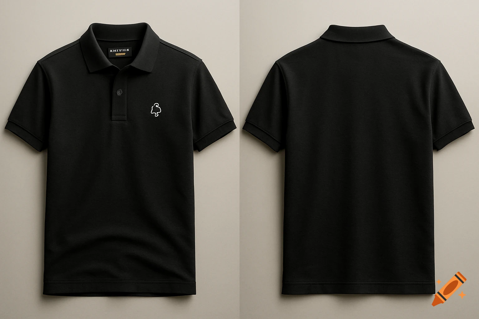 Front and back views of a premium black cotton polo shirt with a small white chullo hat logo on the front left chest, against a neutral background.