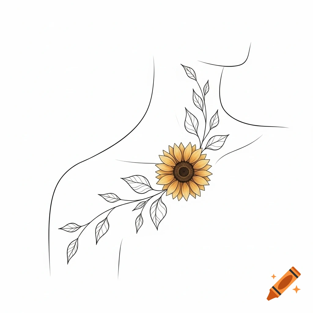 Minimalist sunflower and vine tattoo design on a stylized collarbone and shoulder outline.