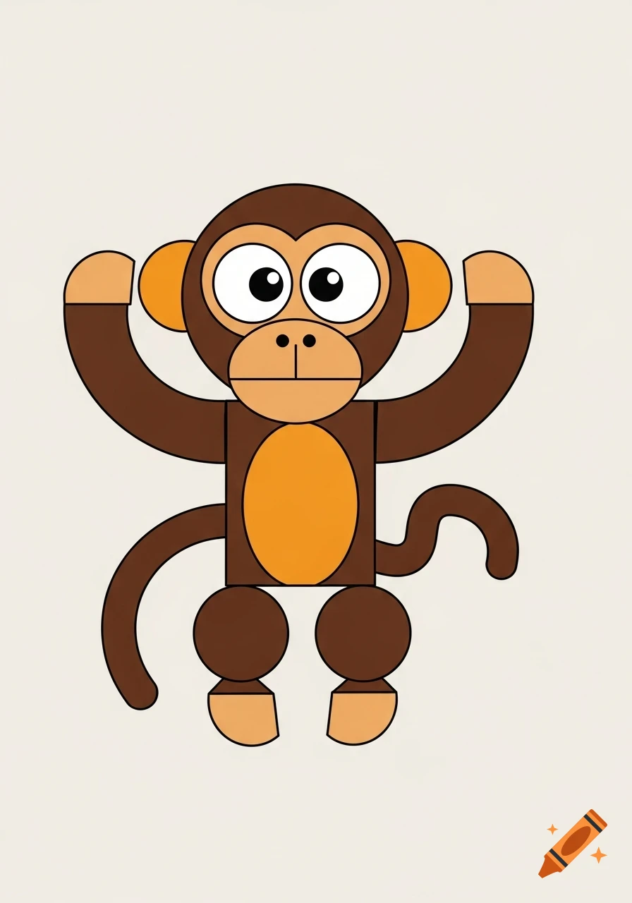 A stylized cartoon monkey made from simple geometric shapes, brown and orange, with arms raised on a light background.