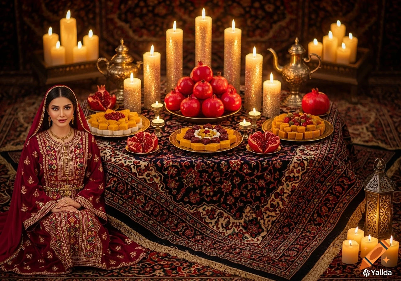 A woman in a red embroidered dress sits by a lavish Yalda table with pomegranates, sweets, and lit candles in a photorealistic style.