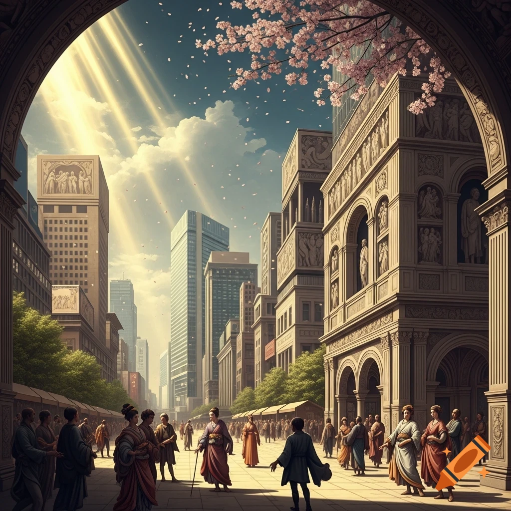 A fantastical cityscape blending classical Renaissance architecture with modern skyscrapers, with people in traditional robes walking a street under cherry blossoms, bathed in dramatic sunlight.