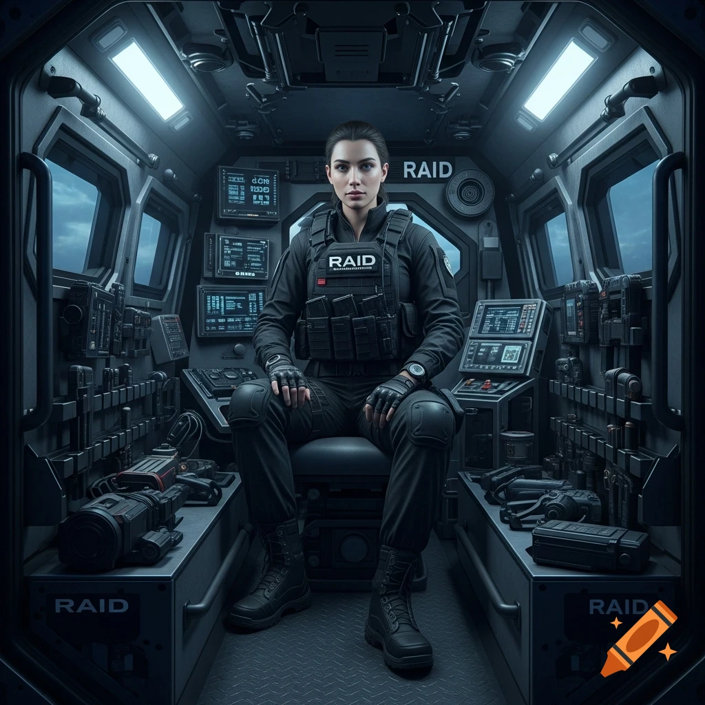 A woman in a black tactical suit and vest, labeled "RAID," sits in the cockpit of a futuristic, armored vehicle, looking at the viewer.
