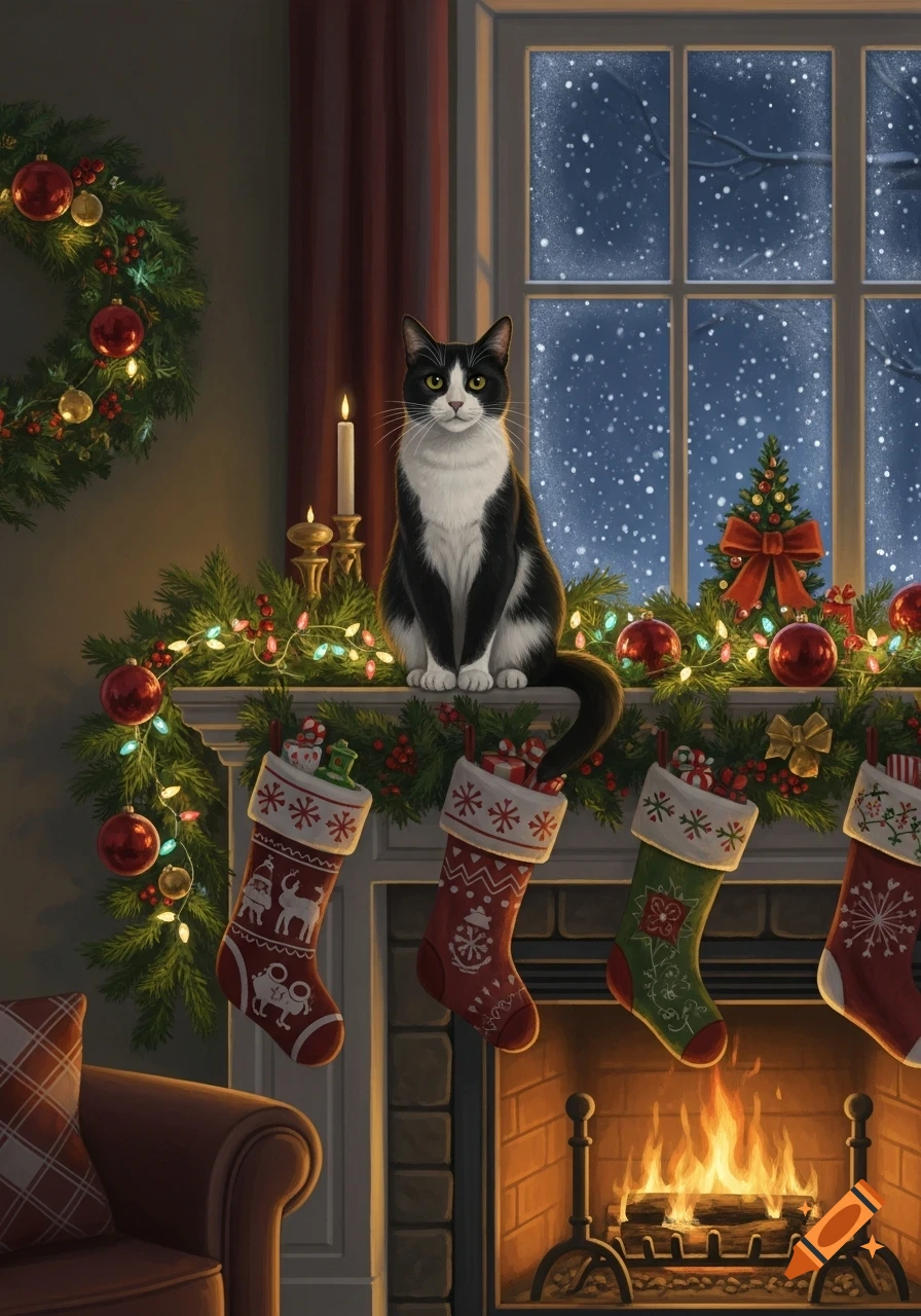 An illustration of a black and white cat sitting on a Christmas-decorated fireplace mantel with stockings, a snowy window, and a wreath.
