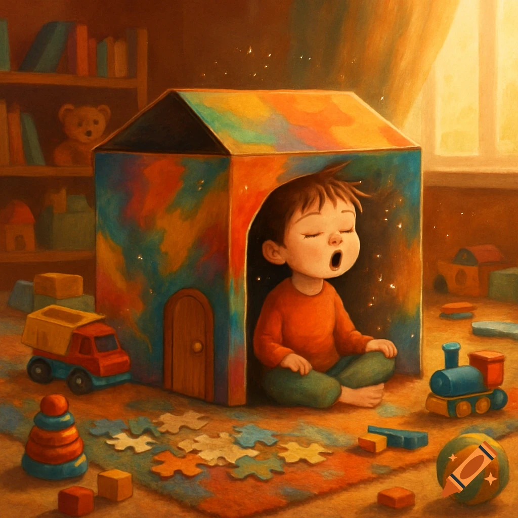 A child with closed eyes sits cross-legged inside a magical, colorful box in a toy-filled room, in a children's book illustration style.