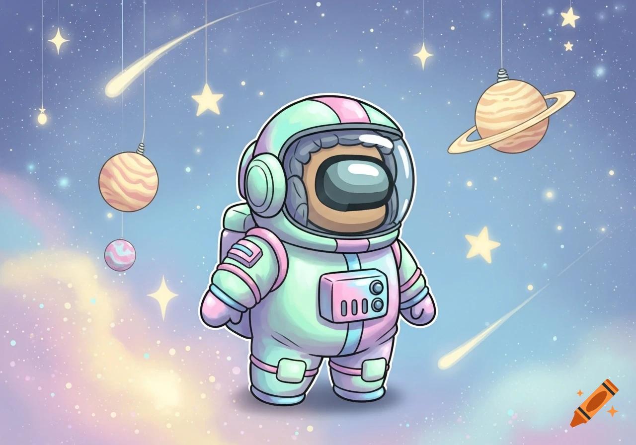 A cute, pastel-colored Among Us astronaut character floating in a starry space with hanging planets.