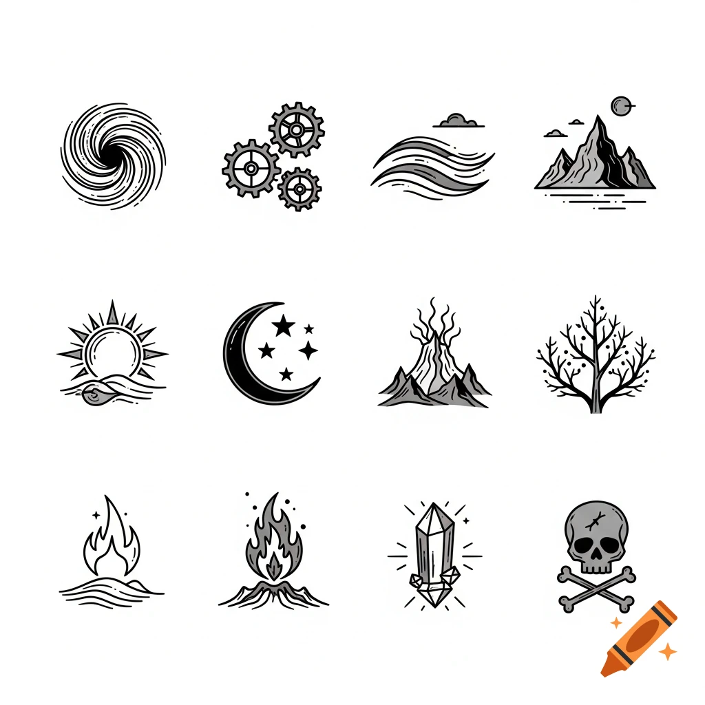 A grid of 12 minimalist black and white vector icons, including a vortex, gears, mountains, sun, moon, and a skull and crossbones.