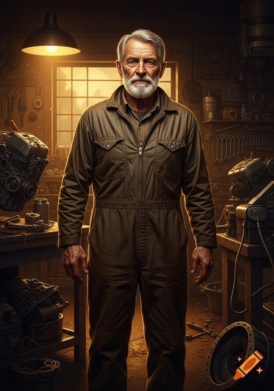 A realistic portrait of an older, gray-haired man with a beard wearing a brown mechanic's jumpsuit, standing in a dimly lit workshop.