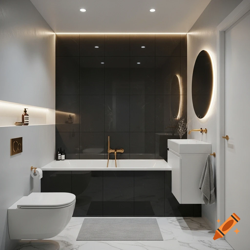 A sleek, modern bathroom features a white tub, toilet, and floating sink against a dark tiled wall, accented with gold fixtures and warm ambient lighting.