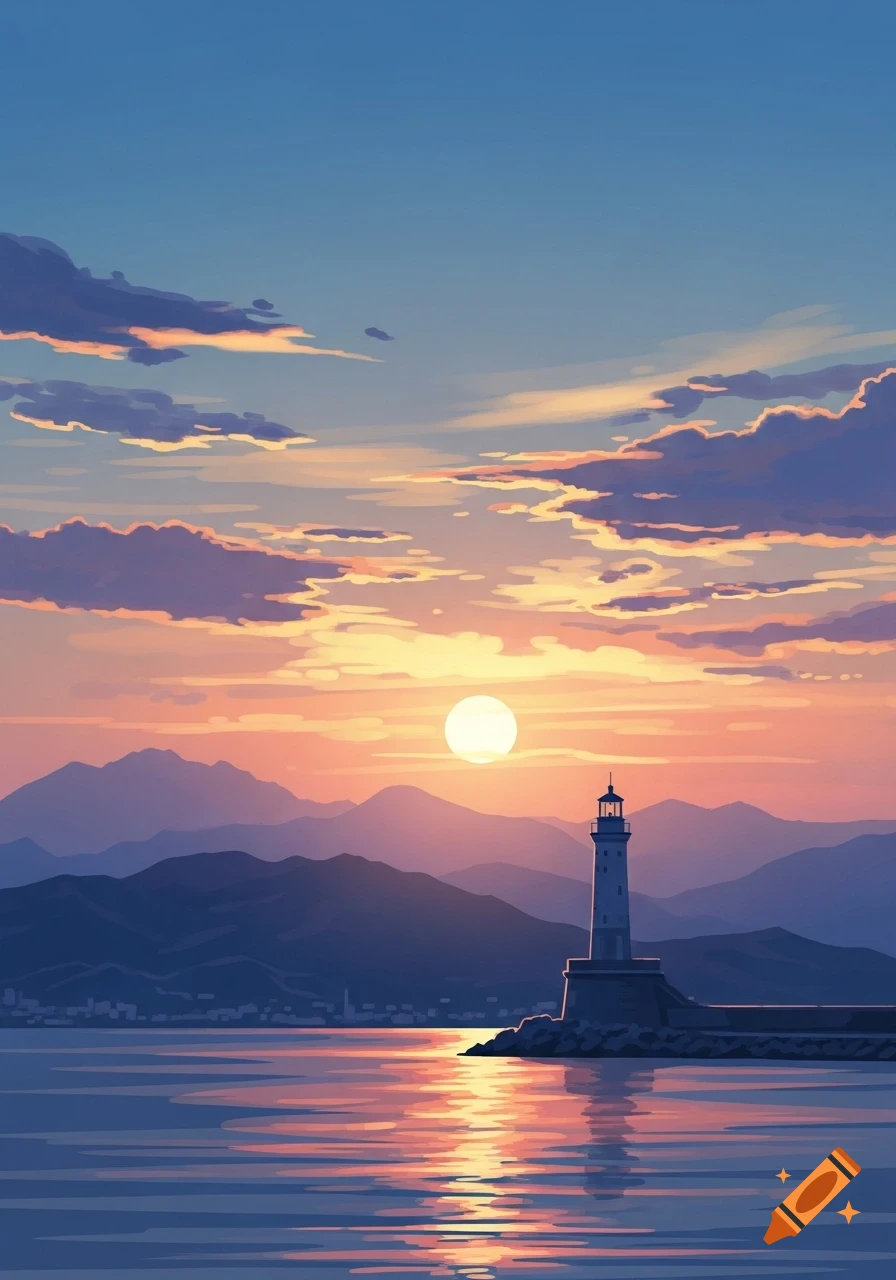 Anime art of a white lighthouse on a pier, with a city and layered mountains in the background, under a vibrant sunset sky reflecting on the water.