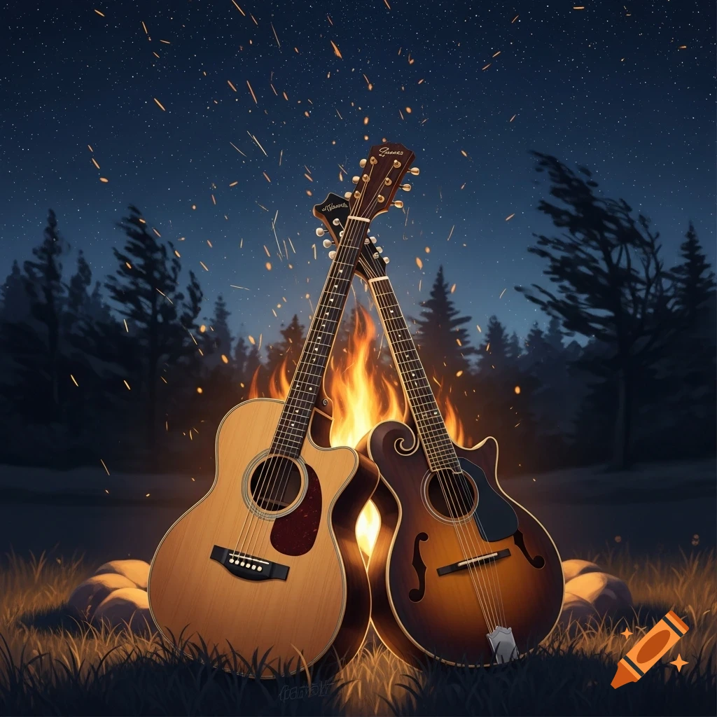 An acoustic guitar and a mandolin lean against each other by a glowing bonfire under a starry night sky with trees.