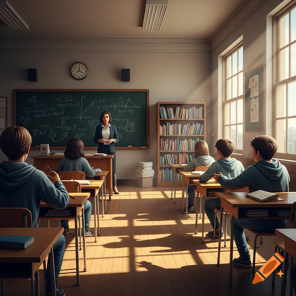 A teacher stands at a blackboard in a sunlit classroom, addressing students seated at desks. The room has large windows and bookshelves.