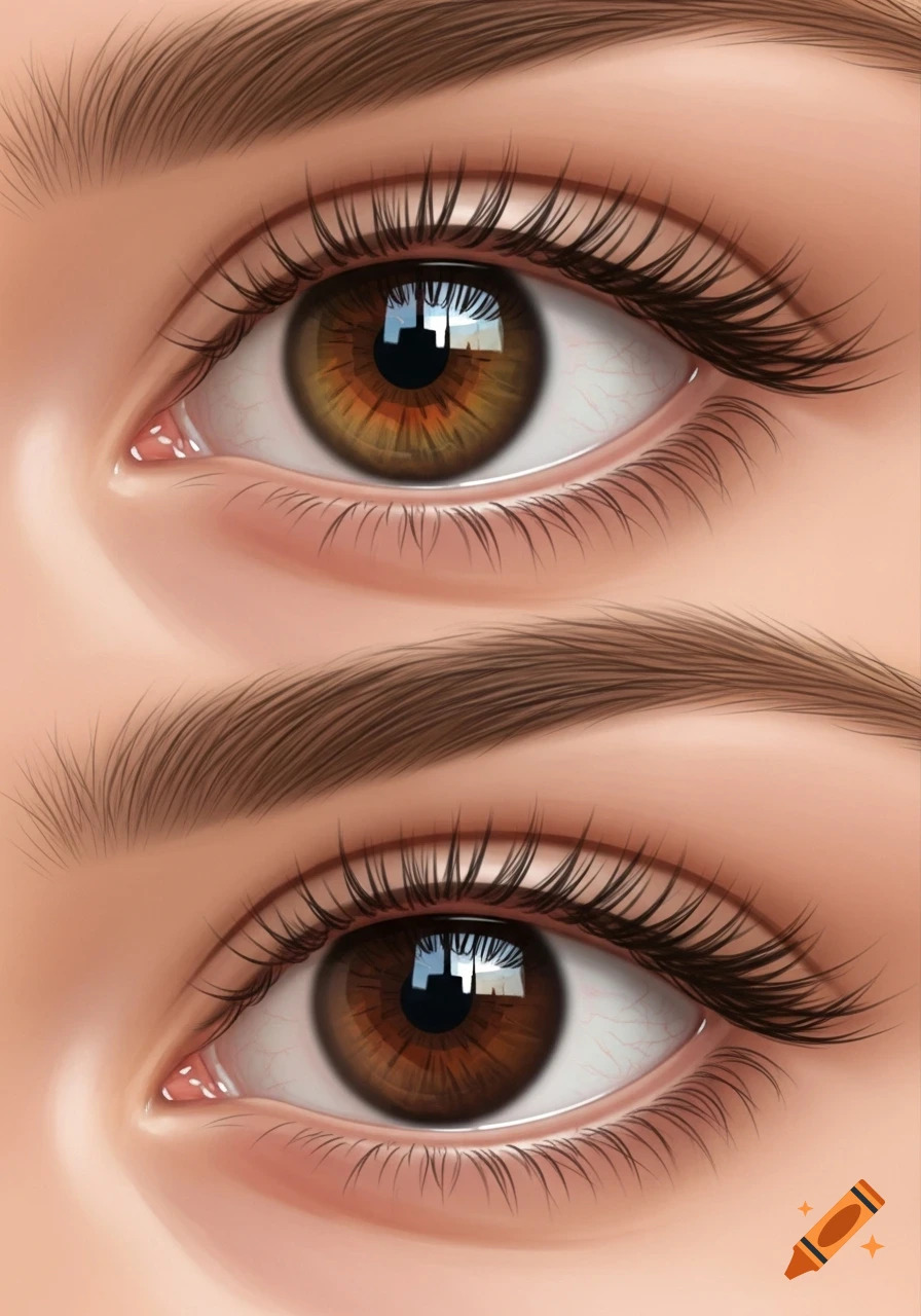 Close-up digital painting of two detailed brown eyes, one lighter and one darker, with prominent eyelashes and eyebrows.